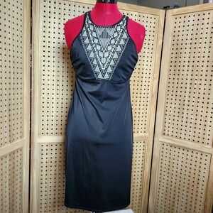 Athleta Ibiza Geo High Neck Swim Dress, Size 36D/DD Black Summer Resort Beach